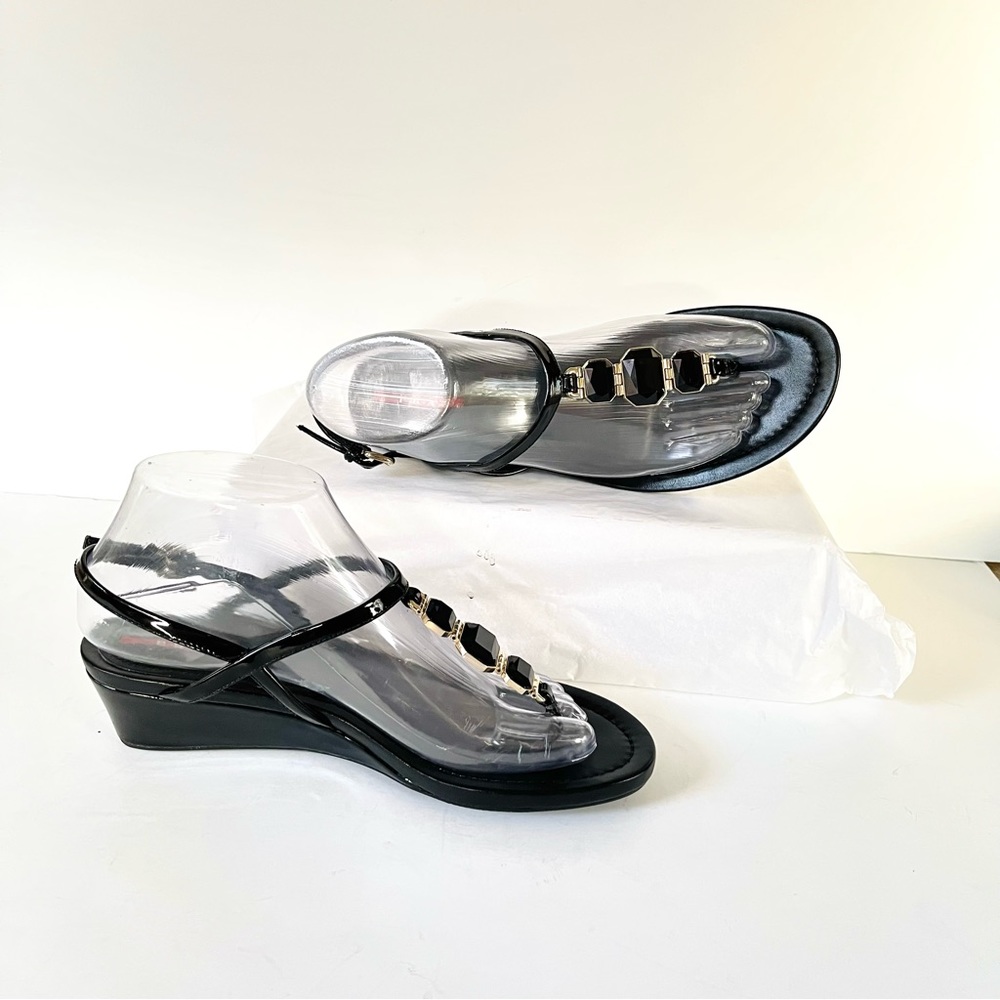 Prada Black Beaded Patent Leather Sandals Wedge 3… - image 7